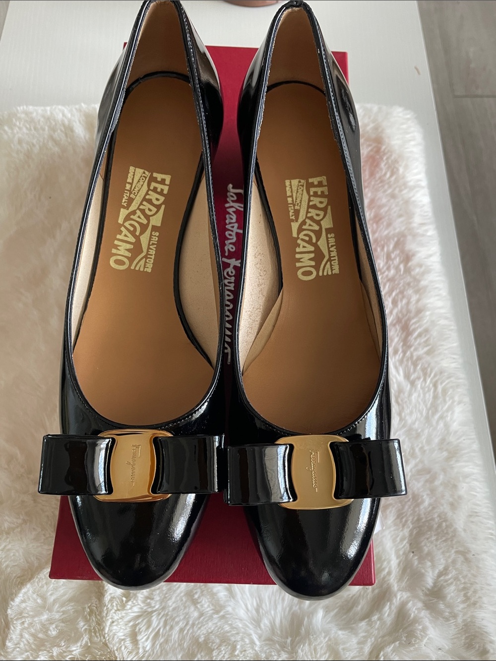 Brand New!! Salvatore Ferragamo Black Patent Vara Bow Flats with Gold Accent